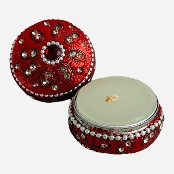 New Handmade Rhinestone Beads Embellished Travel Tea Light Candle Holder Tin Box - Picture 7 of 12